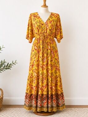 Cato Yellow Floral Paisley‎ Rayon Maxi Dress Boho Drawstring Waist Medium
